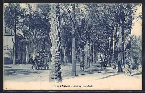 AK Hyères, Avenue Gambetta avec calèche et palmiers majestueux