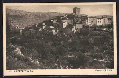 AK Le Revest-les-Eaux, Champs d`Oliviers et vue du village en arrière-plan