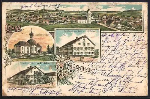Lithographie Eggenthal, Gasthaus zur Post, Handlung von Leo Echteler, Seelenkapelle