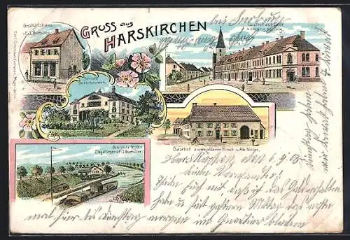 Lithographie Harskirchen, Gasthof zur Linde, Gasthaus zum goldenen Hirsch, Geschäftshaus von F. J. Bumiller