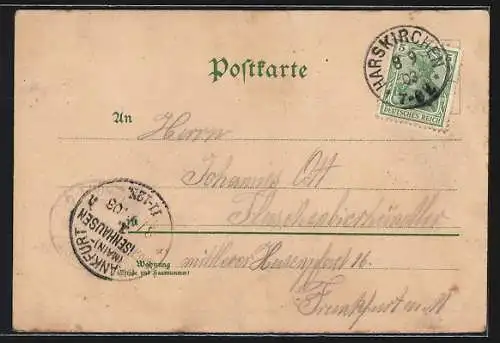 Lithographie Harskirchen, Gasthof zur Linde, Gasthaus zum goldenen Hirsch, Geschäftshaus von F. J. Bumiller