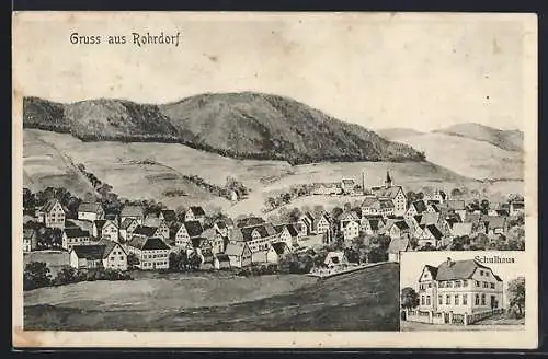 Künstler-AK Rohrdorf / Nagold, Teilansicht, Schulhaus