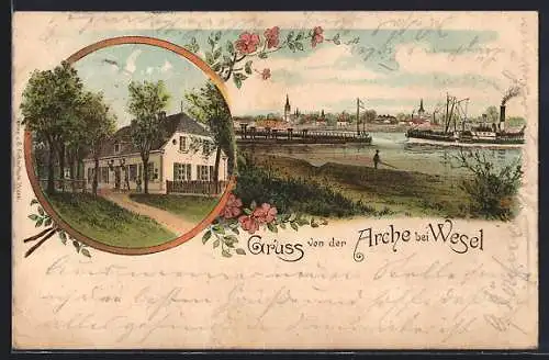 Lithographie Wesel / Rhein, Gasthof Arche, Ortspanorama mit Dampferanleger u. Dampfer