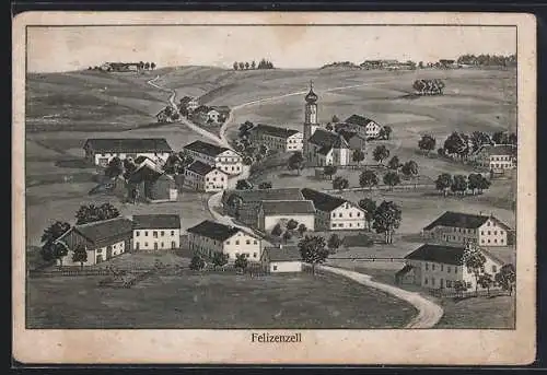 Künstler-AK sign. Hans Pernat: Felizenzell, Gesamtansicht mit Strasse aus der Vogelschau