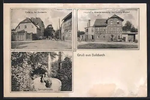 AK Sulzbach / Apolda, Materialwaren L. Edelhof, Dorfstrasse, Springbrunnen
