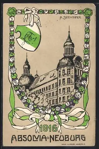 Künstler-AK Neuburg / Donau, Absolvia 1916, Burg, Wappen, Rosenbanderole mit Schleife