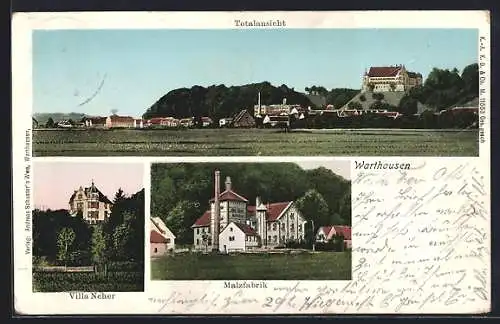 Goldfenster-AK Warthausen / Riss, Villa Neher, Malzfabrik und Gesamtansicht