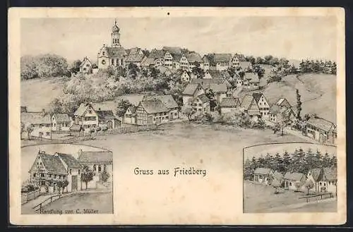 Künstler-AK sign. Hans Pernat: Friedberg, Handlung C. Müller, Ortspartie, Totalansicht