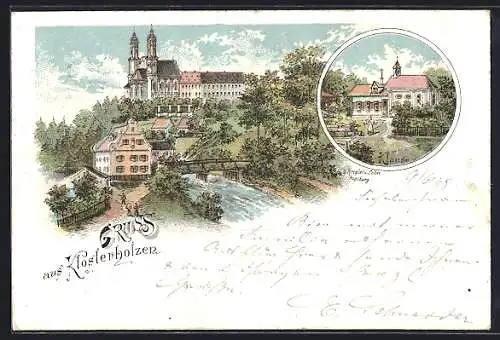 Lithographie Allmannshofen, Klosterholzen, Klause, Ortspartie mit Brücke und Kloster