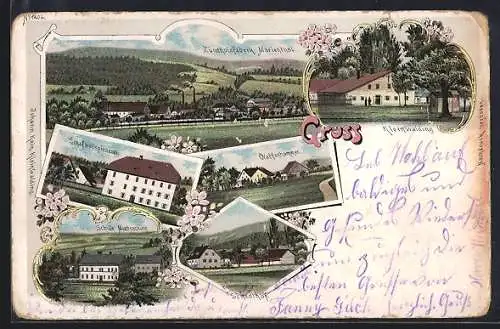 Lithographie Deggendorf-Kleinwalding, Anwesen, Panorama Naffenhammer, Zündholzfabrik Marienthal, Schedlhof