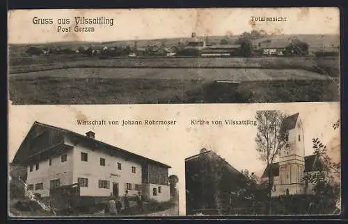 AK Vilssattling /Gerzen, Gasthaus J. Rohrmoser, Kirche, Totalansicht mit Feldern