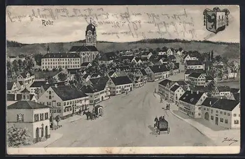 Künstler-AK sign. Hans Pernat: Rohr / Niederbayern, Totalansicht mit Strasse und Kutschen aus der Vogelschau, Wappen