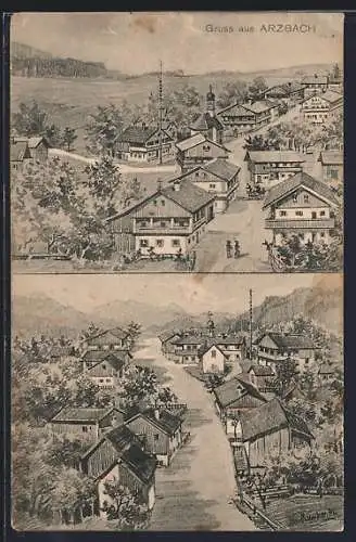 Künstler-AK Arzbach / b. Lenggries, Strassenpartie mit Bergpanorama, Teilansicht mit Strassen aus der Vogelschau