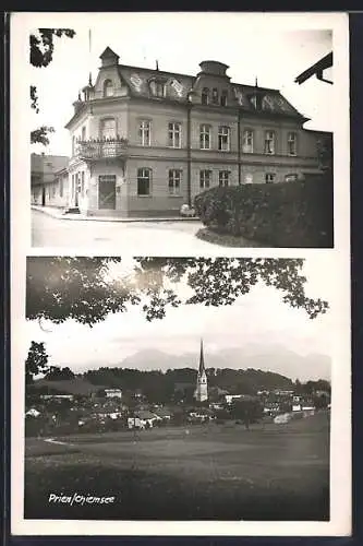 AK Prien /Chiemsee, Gasthaus Weissbräu mit Strasse, Gesamtansicht mit Bergpaanorama