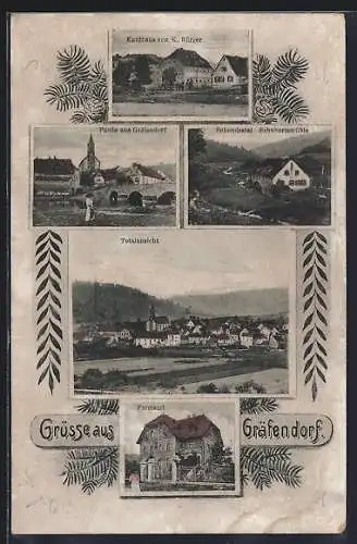 AK Gräfendorf / Saaletal, Kaufhaus K. Bürger, Schondratal Schubertsmühle, Forstamt, Totalansicht