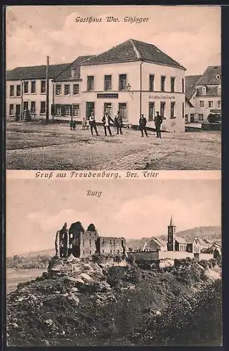 AK Freudenburg /Trier, Gasthaus Ww. Gitzinger mit kleiner Versammlung, Burgruine und Ort