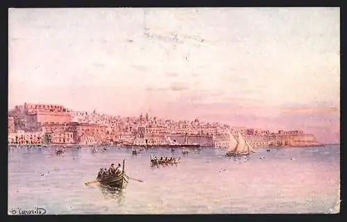 Künstler-AK Valletta, Grand Harbour Side