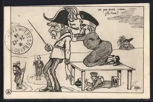 Künstler-AK Kaiser Wilhelm II. schickt Kaiser Franz Josef I. vor, Propaganda Entente
