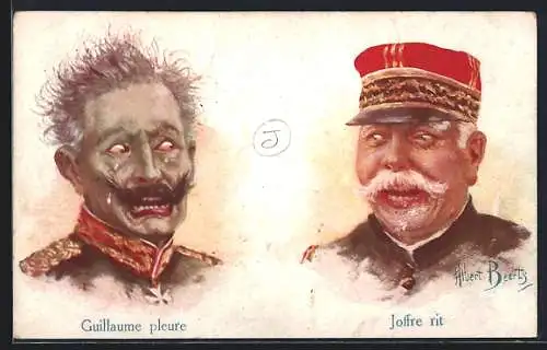 Künstler-AK Kaiser Wilhelm II. weint, Joffre lacht, Propaganda Entente