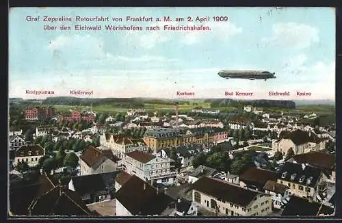 AK Frankfurt a. M., Graf Zeppelins Retourfahrt am 2.4.1909 über den Eichwald Wörishofens nach Friedrichshafen