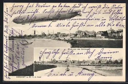 AK Höchst a. M., Zeppelin Luftschiff über der Stadt