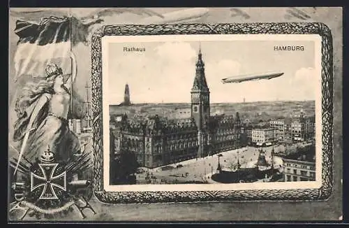 AK Hamburg, Luftschiff Zeppelin am Rathaus, Germania