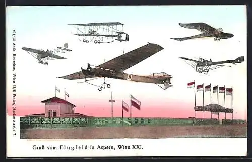AK Wien-Aspern, Flugfeld mit versch. Flugzeugmodellen