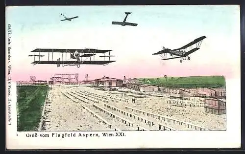 AK Wien, Flugfeld Aspern mit Flugzeugen