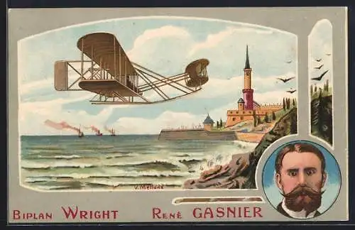 Künstler-AK Flugzeug Biplan Wright im Flug