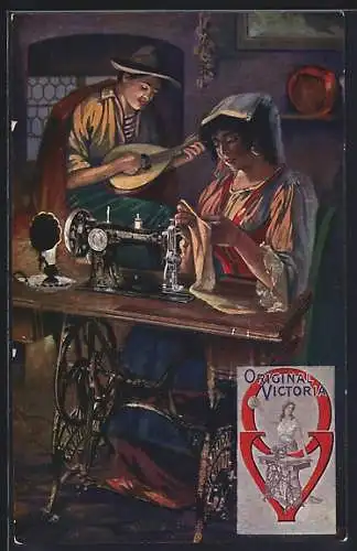 AK Reklame für Original Victoria Nähmaschinen, Frau näht an einer Nähmaschine, Mann macht Musik