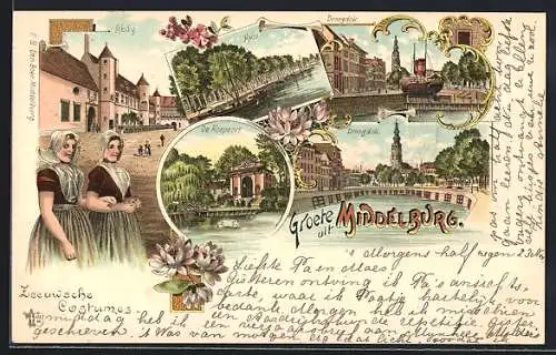 Lithographie Middelburg, Kade, Droogdok, Koepoort