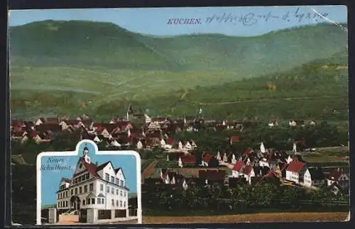 AK Kuchen / Württ., Neues Schulhaus, Totalansicht mit Bergpanorama aus der Vogelschau