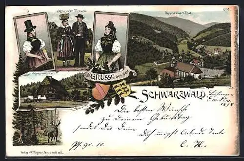 Lithographie Rippoldsau / Schwarzwald, Kloster, Trachtenpaar & Bauernhaus