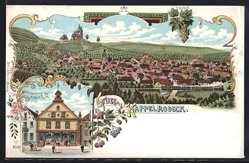 Lithographie Kappelrodeck, Ortsansicht mit Eisenbahn und Handlung von August Roth