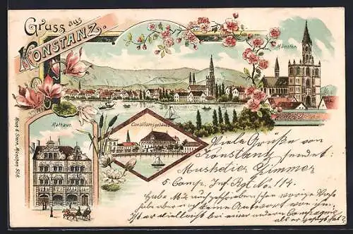Lithographie Konstanz / Bodensee, Münster und Rathaus, Consiliumsgebäude
