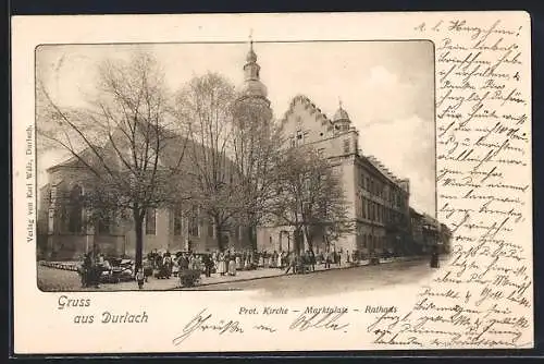 AK Durlach, Prot. Kirche und Rathaus am Marktplatz
