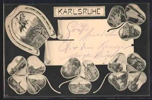 AK Karlsruhe, Reiterstandbild im Hufeisen, Schloss, Kirche & verschiedene Ortsansichten im Kleeblatt