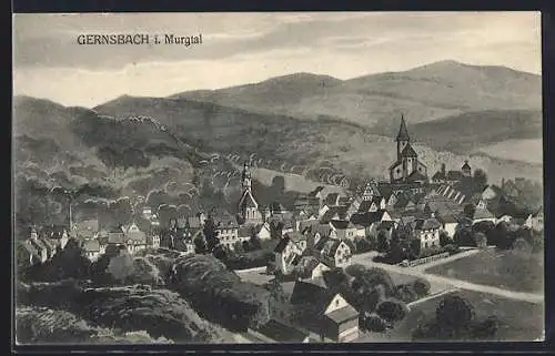 AK Gernsbach / Murgtal, Stadtansicht mit Landschaftspanorama