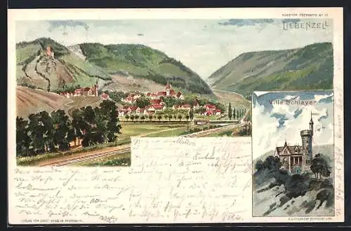 Lithographie Liebenzell, Panorama mit Eisenbahngleisen und Villa Schlayer