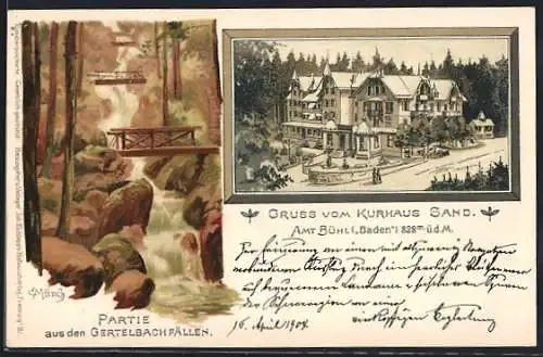 Lithographie Bühl / Baden, Kurhaus Sand und Gertelbach-Fälle