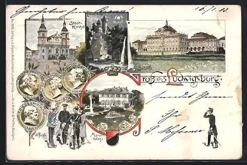 Lithographie Ludwigsburg / Württemberg, Marien-Wahl, Stadtkirche und Schlossansichten