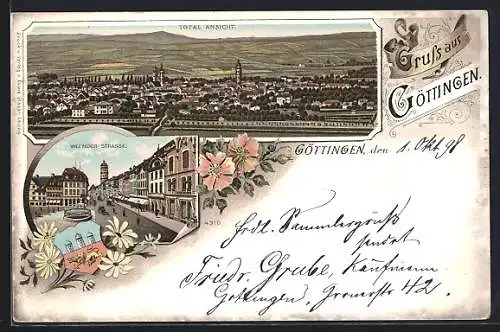 Lithographie Göttingen, Totalansicht und Weender Strasse, Stadtwappen