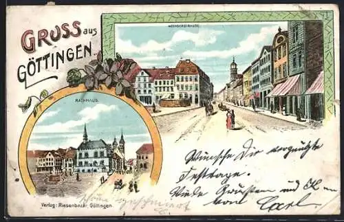 Lithographie Göttingen, Weenderstrasse und Rathaus
