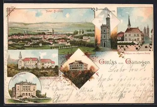 Lithographie Göttingen, Bismarckturm, Stadt-Theater, Rathaus & Johannis-Kirche, Kaiser-Wilhelm-Park, Panorama