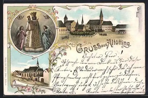 Lithographie Altötting, Stadtansicht und Marienfigur mit Engeln
