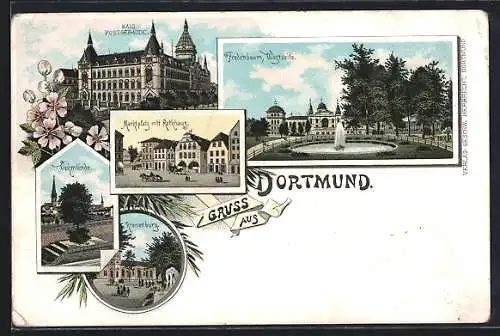 Lithographie Dortmund, Postgebäude, Fredenbaum Westseite, Marktplatz mit Rathaus, Kronenburg, Oehmlinde