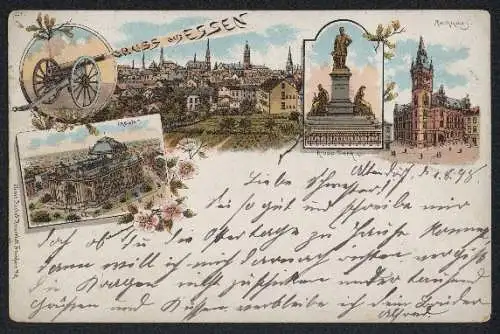 Lithographie Essen / Ruhr, Stadtansichten mit Rathaus, Krupp-Denkmal, Theater, Feldgeschütz & Stadt-Panorama