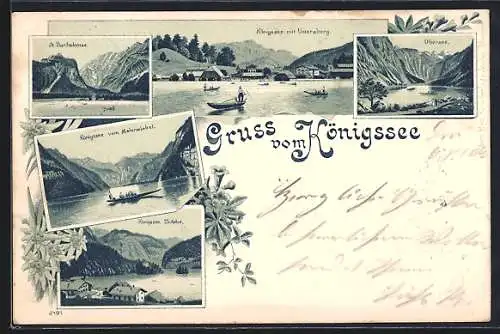 Lithographie St. Bartholomä / Königssee, Obersee, Malerwinkel, See-Einfahrt, Seeblick mit Untersberg