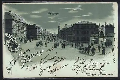 Mondschein-Lithographie München, Ludwigstrasse mit Blick zum Siegestor