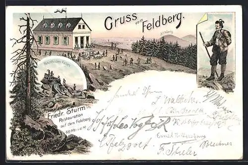 Lithographie Feldberg / Taunus, Restauration Fr. Sturm und Brunhilden Felsen, Bergsteiger